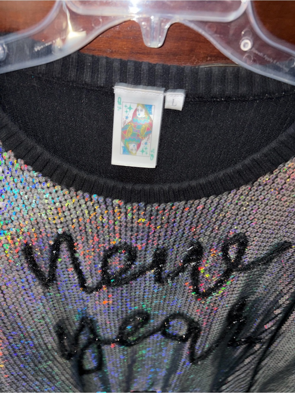 QUEEN OF SPARKLES Holographic Sequin Sweater with Black Trim - Picture 2 of 6